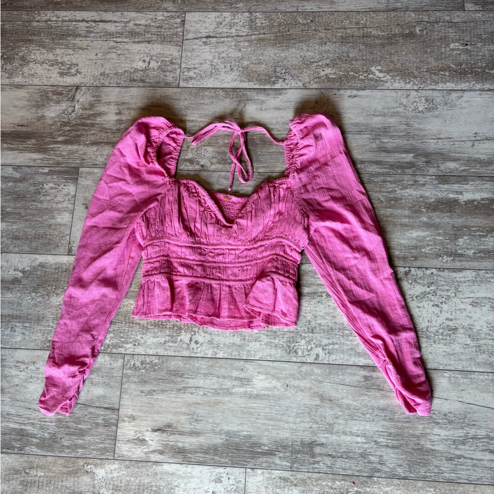 Free People Hot Pink Smocked Long-Sleeve Peplum Crop Top
